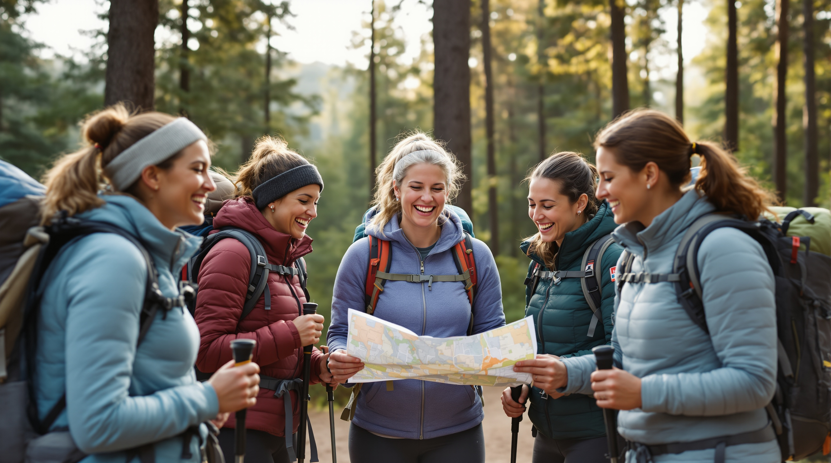 A diverse group of women gathered at a trailhead planning a hike together