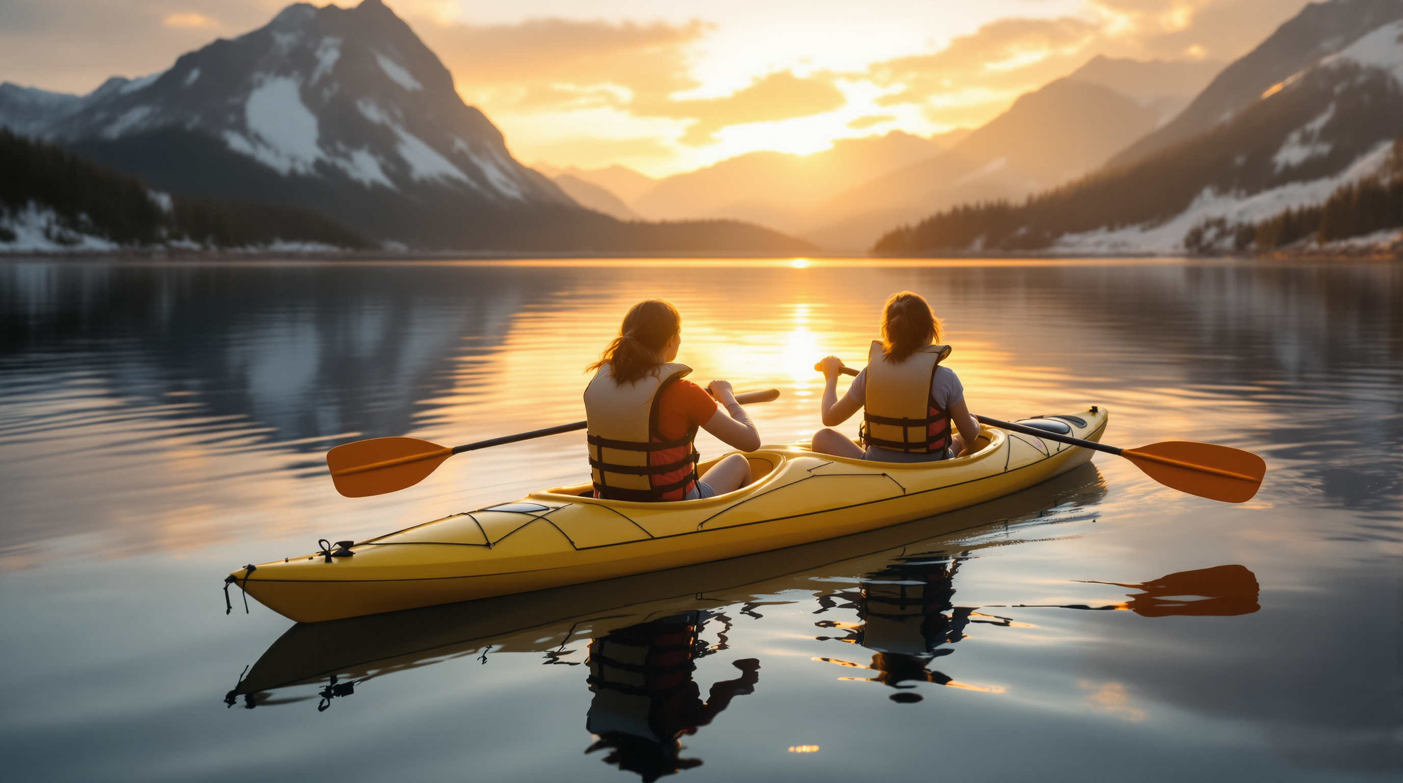 Two women paddling a kayak across a calm alpine lake at sunset