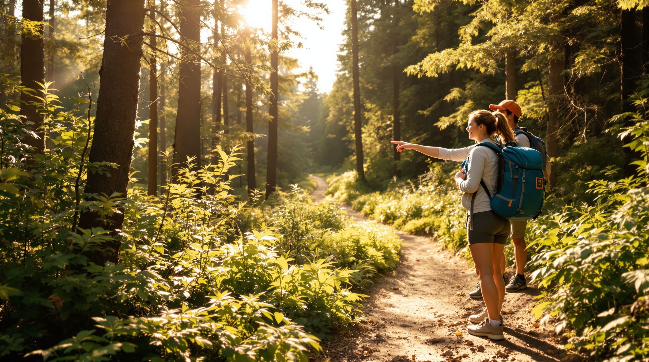 A beginner woman hiker on a sunny forest trail with an encouraging friend