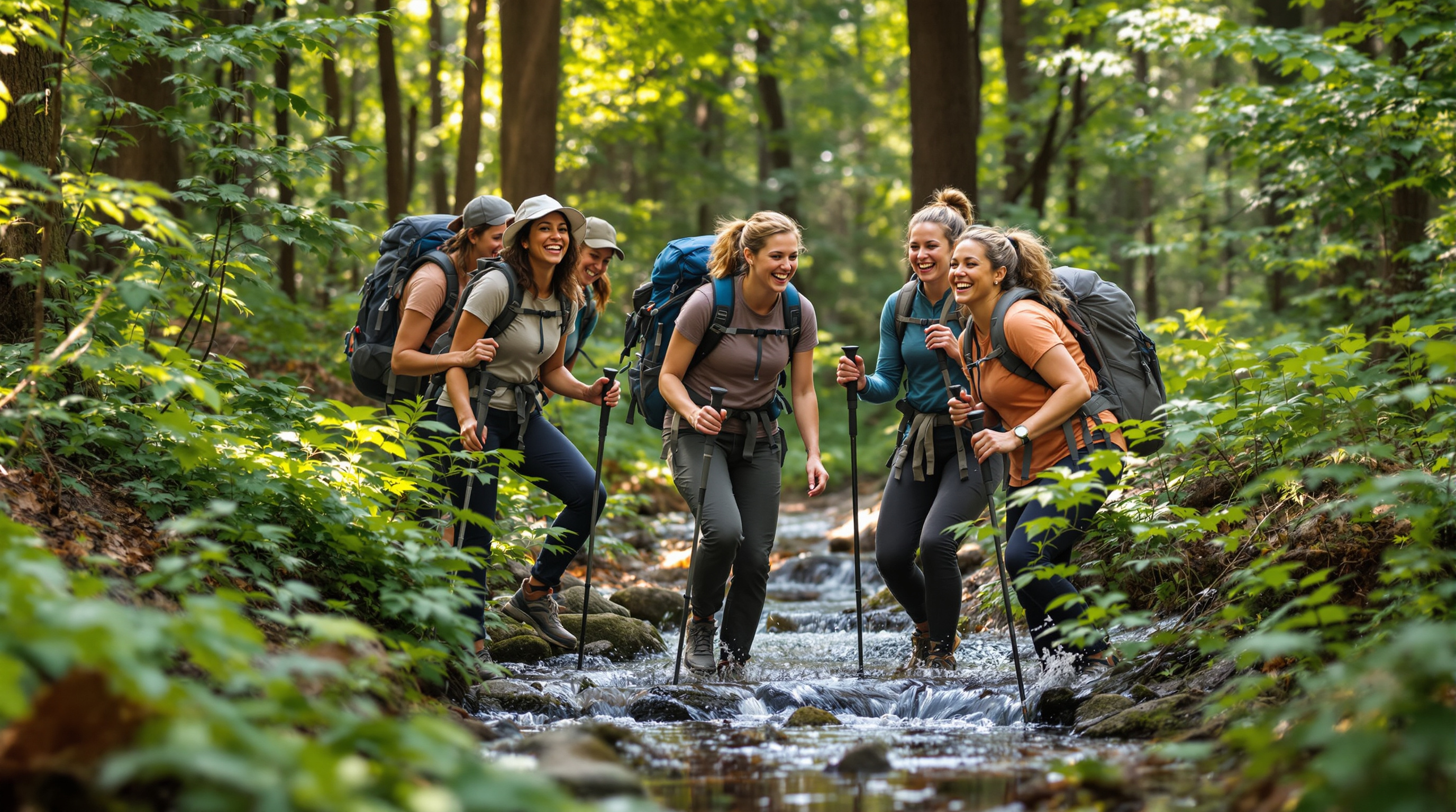 A diverse group of women supporting each other across a stream on a forest trail
