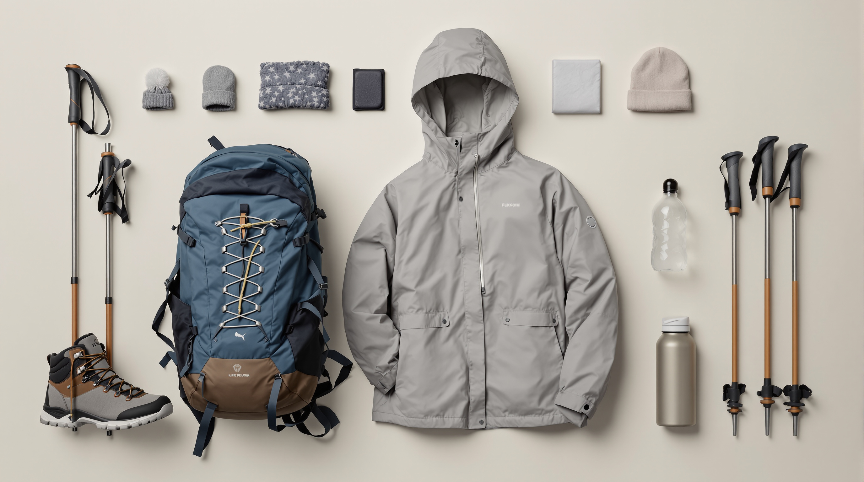 Flat-lay of women's hiking gear including boots, backpack, and rain shell
