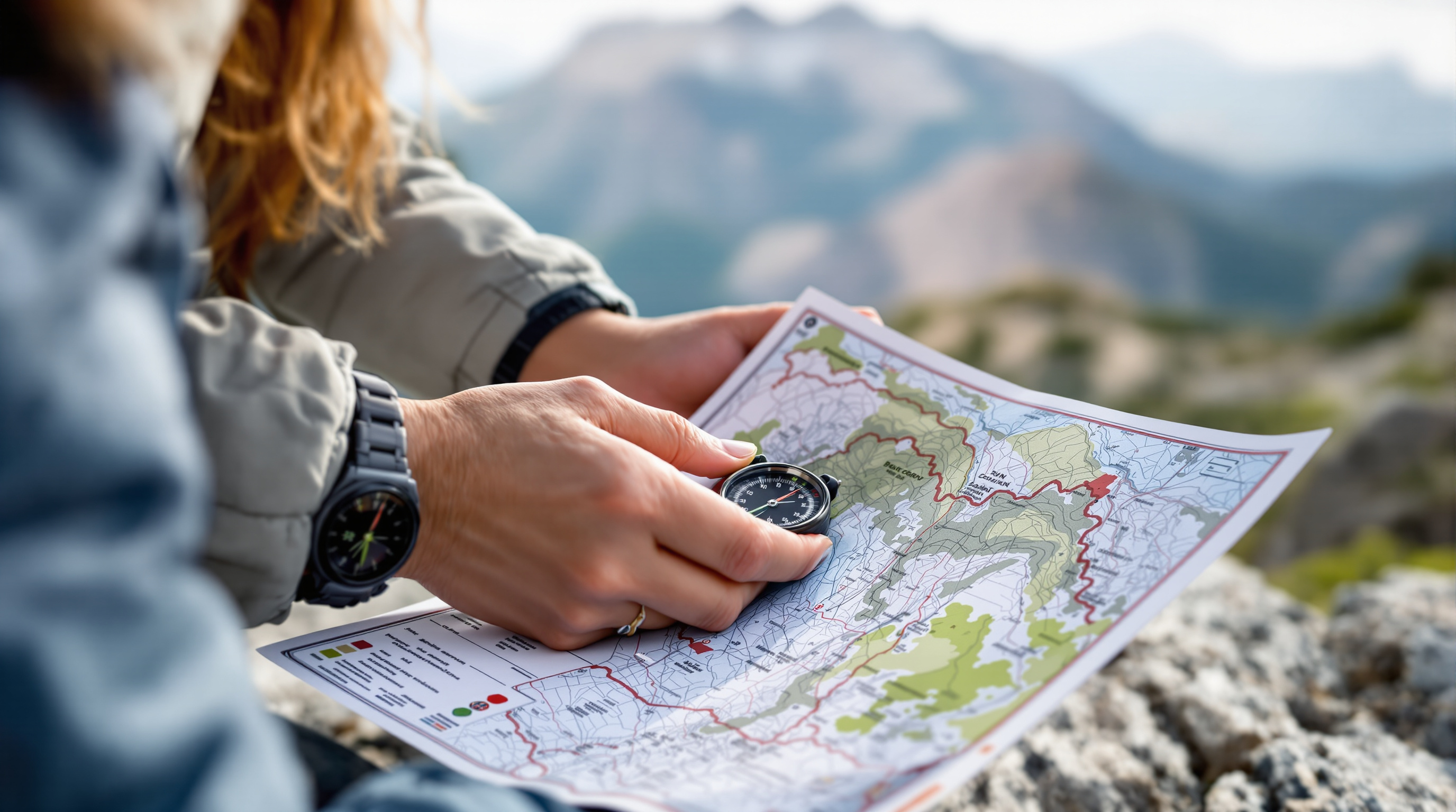A woman using a topographic map and compass on a rocky outcrop
