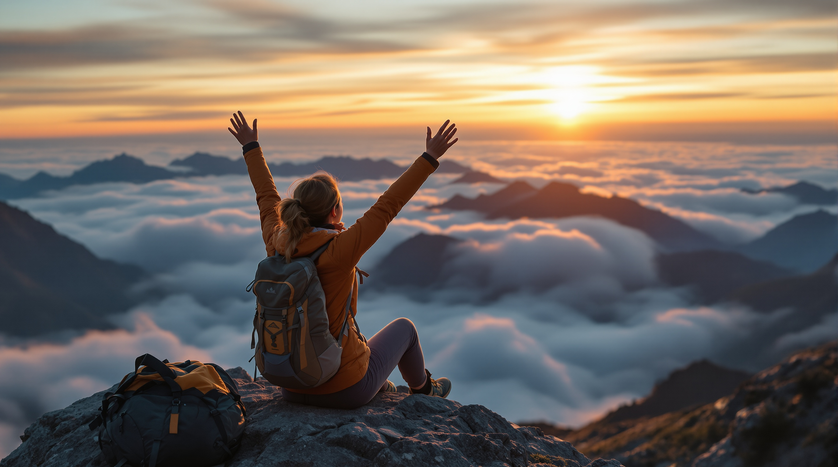 A woman backpacker celebrating quietly on a summit above the clouds at sunrise