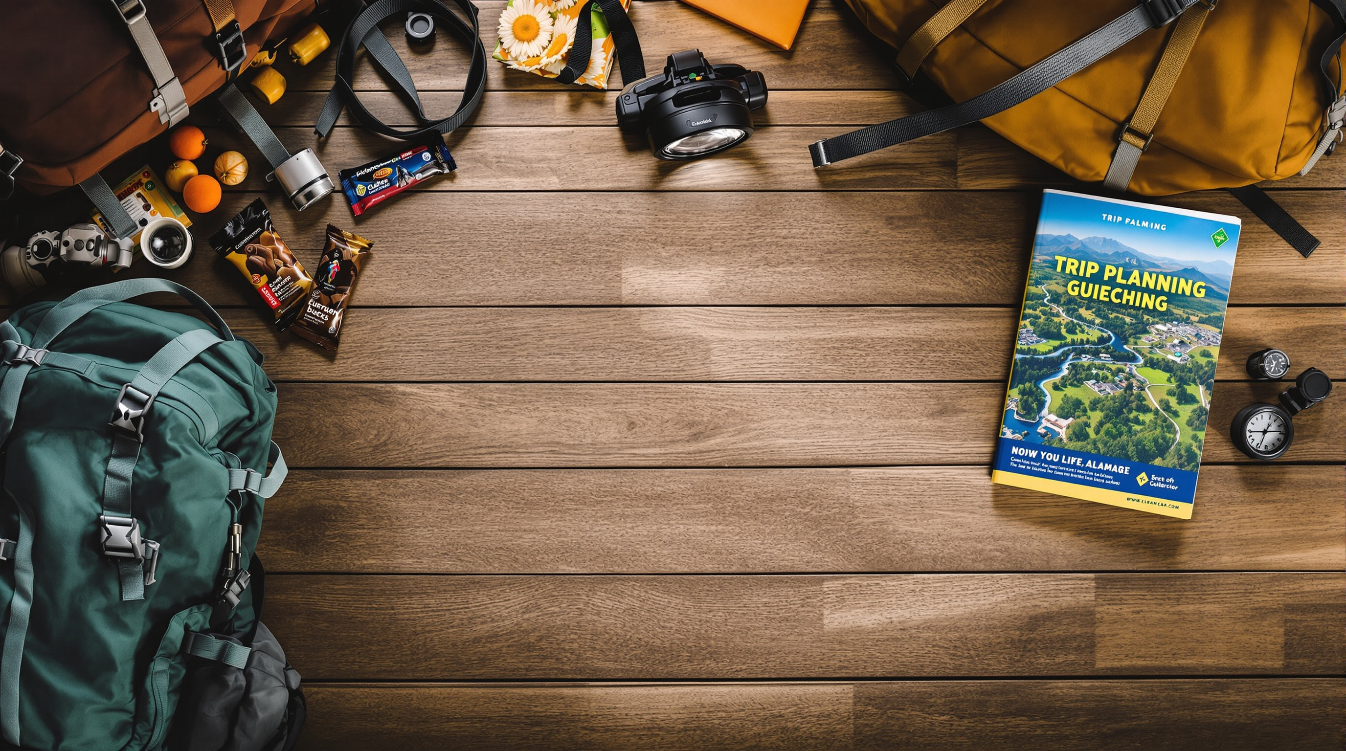Flat-lay of trip planning gear including a map, compass, and packed backpack